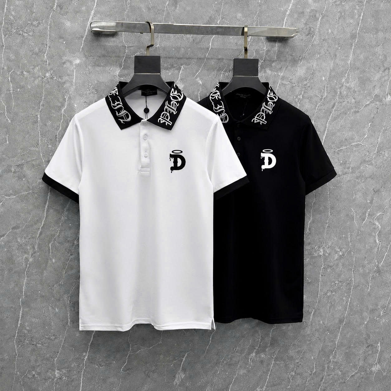 Áo Polo Nam Nữ Cổ Bẻ Philipp Plein Cotton Gai Thêu Logo QP Sắt Ngực Phối Cổ Dệt Nổi Chữ Vintage Dành Cho Anh Em Boy Phố