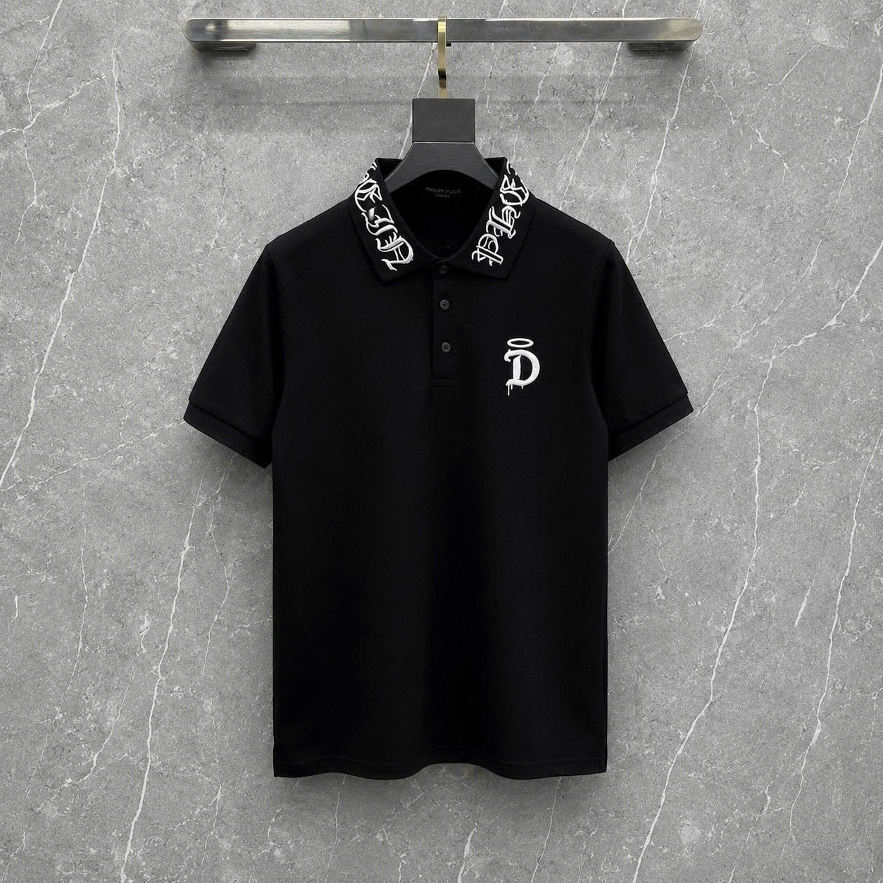 Áo Polo Nam Nữ Cổ Bẻ Philipp Plein Cotton Gai Thêu Logo QP Sắt Ngực Phối Cổ Dệt Nổi Chữ Vintage Dành Cho Anh Em Boy Phố - Ảnh 2