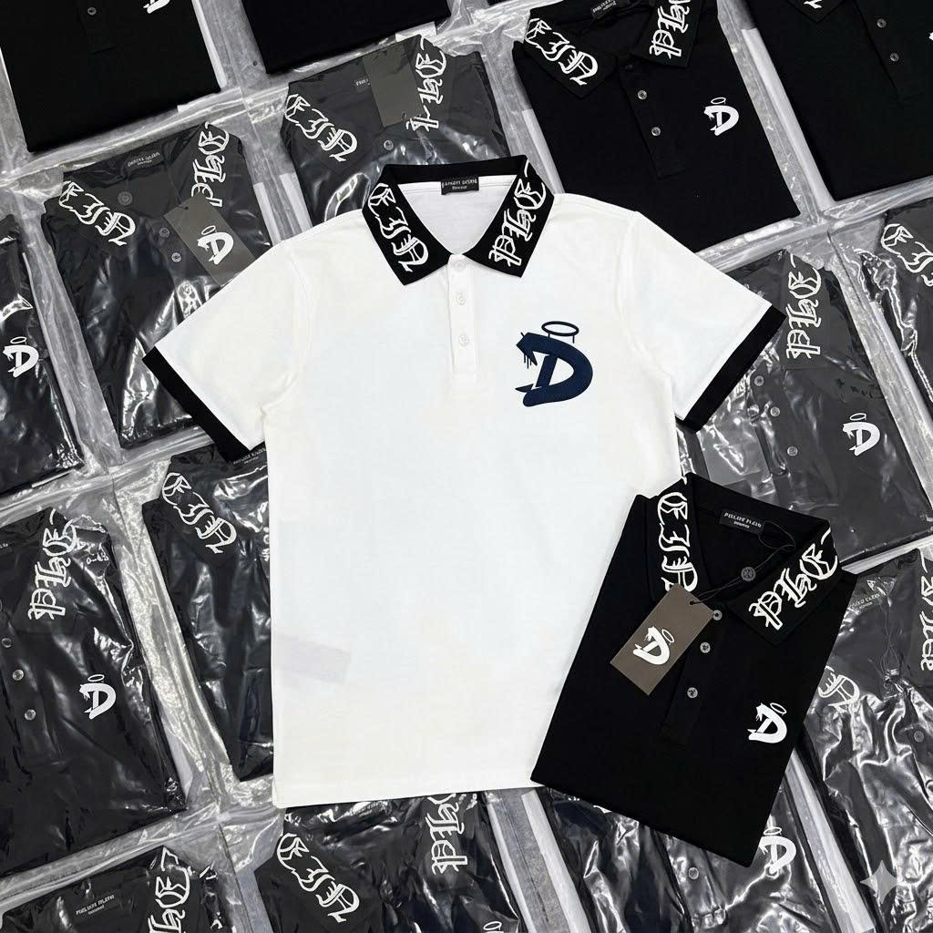 Áo Polo Nam Nữ Cổ Bẻ Philipp Plein Cotton Gai Thêu Logo QP Sắt Ngực Phối Cổ Dệt Nổi Chữ Vintage Dành Cho Anh Em Boy Phố - Ảnh 3